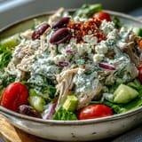 Serve this Tzatziki Chicken Salad over fresh spinach with halved cherry tomatoes, crumbled feta cheese, and sliced olives for a vibrant Mediterranean meal.