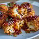 Fried Buffalo Chicken Bacon Mozzarella Bombs with gooey mozzarella center, drizzled in spicy buffalo sauce and topped with bacon.