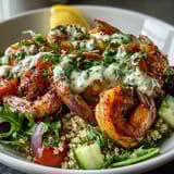 Colorful Mediterranean Shrimp Bowl featuring sautéed shrimp, spinach, tomatoes, cucumber, and Kalamata olives over fluffy quinoa with lemon wedges.