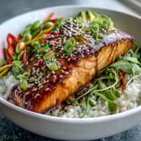 Bright glazed soy ginger salmon sits atop fluffy steamed rice and vibrant stir-fried vegetables in a nourishing bowl.