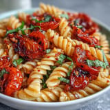Juicy cherry tomato confit pasta with garlic oil, perfectly cooked with fresh basil.