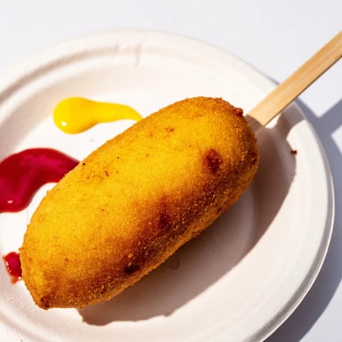 Crisp, deep-fried Corn Dogs with juicy hot dogs inside, perfect for an American fairground snack.