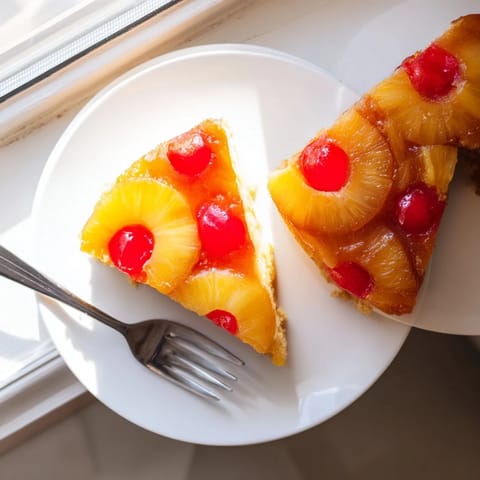 Golden brown Pineapple Upside-Down Cake just inverted from the pan, revealing sticky caramel sauce and moist vanilla crumb.