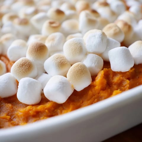Golden brown toasted marshmallows blanket creamy sweet potato casserole, served warm in a white baking dish.