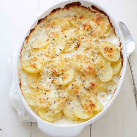 Golden-brown Au Gratin Potatoes fresh from the oven in a baking dish with bubbling cheese crust.