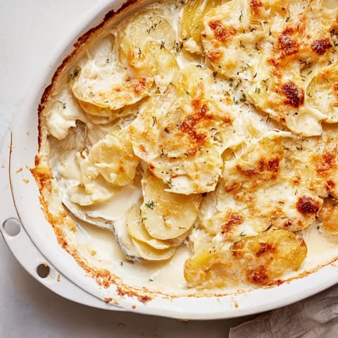 Tender potatoes au gratin served warm alongside a roasted chicken and fresh greens.