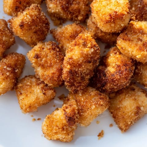 Small, crunchy bites of Popcorn Chicken made with juicy chicken breast, served hot alongside french fries.