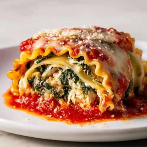 Two plated Chicken and Spinach Lasagna Rolls, featuring rolled pasta stuffed with creamy ricotta, chicken, and spinach, drizzled with rich marinara.  