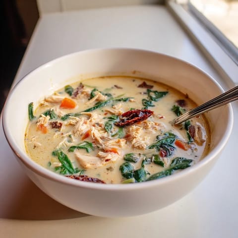 A hearty bowl of Creamy Tuscan Chicken Soup with tender shredded chicken, wilted spinach, and sun-dried tomatoes.  
