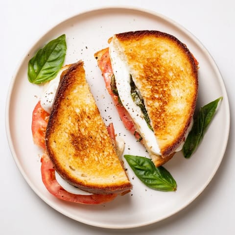 Slices of this Tomato Basil Grilled Cheese, featuring juicy tomato and melty mozzarella, sit on a rustic wooden cutting board.