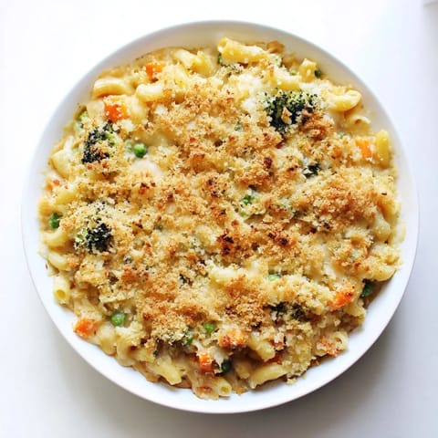 A close-up of baked Garden Veg Mac and Cheese with colorful peas, broccoli, and carrots peeking through creamy cheddar sauce.