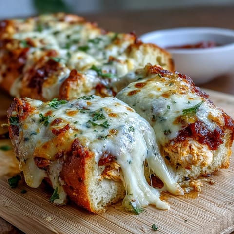 Golden Chicken Parm Stuffed Garlic Bread oozing with melted cheese and savory marinara.