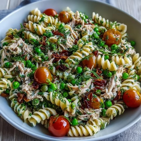 Cool Lemony Tuna Pasta Salad bursting with lemon and herbs on a warm day.