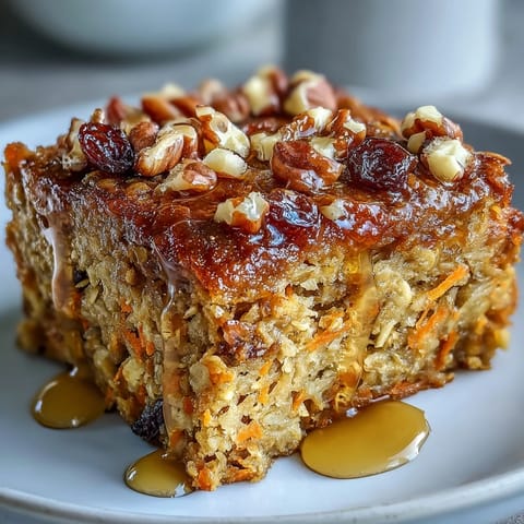 Golden baked carrot cake oatmeal with visible raisins and warm spices.