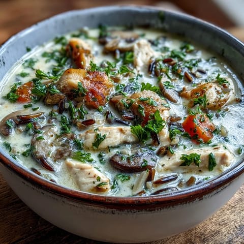 Creamy Parmesan Mushroom Chicken and Wild Rice Soup with tender chicken, hearty rice.