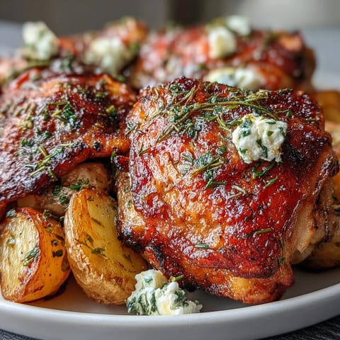 Golden roasted chicken with lemon herb feta and tender, juicy pot potatoes.
