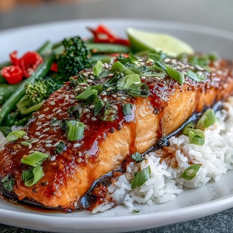 Close-up of Maple Soy Glazed Salmon glistening with sweet, savory sauce, served with rice.