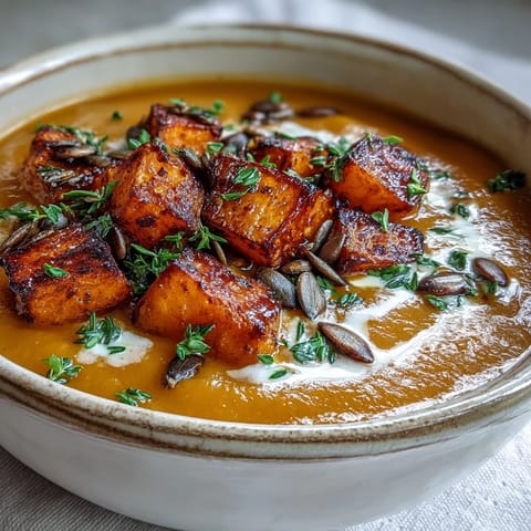 Golden roasted butternut squash soup is ladled into a rustic bowl, garnished with pumpkin seeds and fresh thyme.