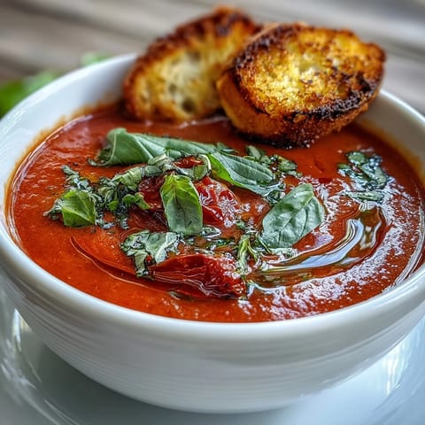 Steaming homemade Roasted Tomato Basil Soup is served in a rustic bowl, garnished with fresh basil and a swirl of cream.