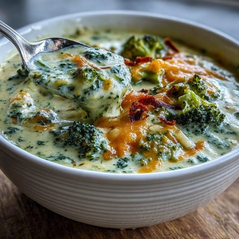 Homemade broccoli cheddar soup with sharp cheddar and fresh broccoli florets in a rustic bread bowl.