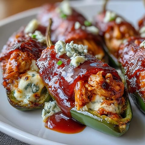 Bubbling hot Buffalo Wing Poppers fresh from the oven, featuring halved jalapeños filled with savory shredded chicken and tangy blue cheese. Served with a side of celery sticks and extra buffalo sauce for dipping.