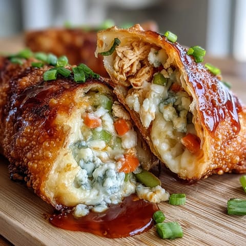 Buffalo Chicken Egg Rolls stacked high, garnished with green onions and served alongside a bowl of zesty ranch dressing.