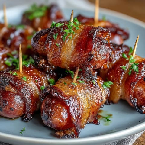 Golden brown Bacon-Wrapped Smokies on a baking sheet, garnished with fresh parsley and ready for a party platter.