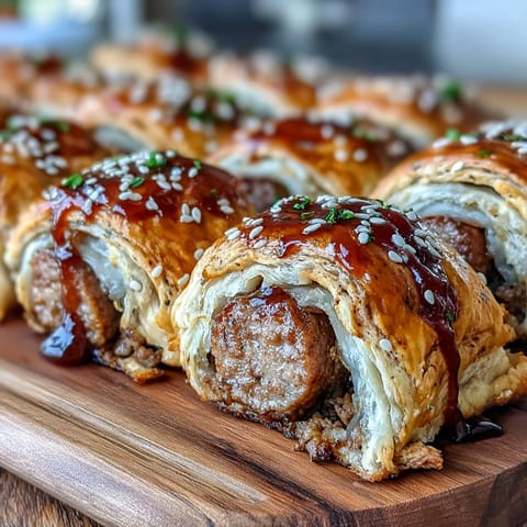 Golden brown Pepper Jelly Hogs in a Blanket on a white plate, garnished with fresh chives and sesame seeds.
