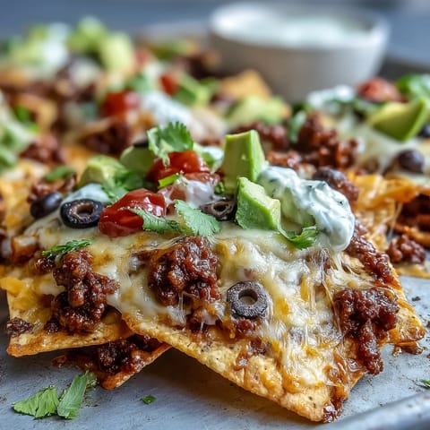 Golden Baked Nachos piled high with seasoned beef, melted cheddar, and Monterey Jack, topped with jalapeños, tomatoes, and avocado.