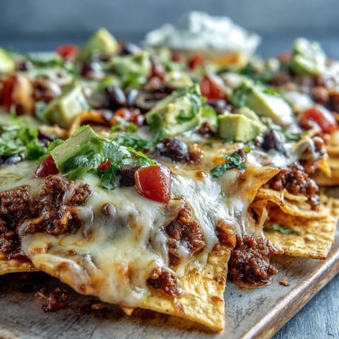 A close-up of Baked Nachos fresh from the oven, bubbling cheese and savory beef layered over crispy tortilla chips.