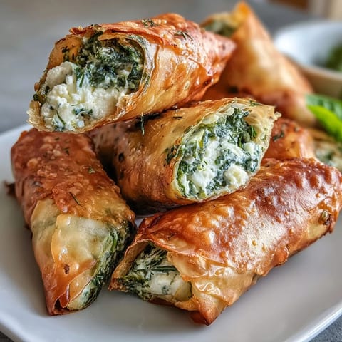 A hand dipping a golden Spanakopita Spring Roll into a tangy yogurt sauce with fresh dill visible.