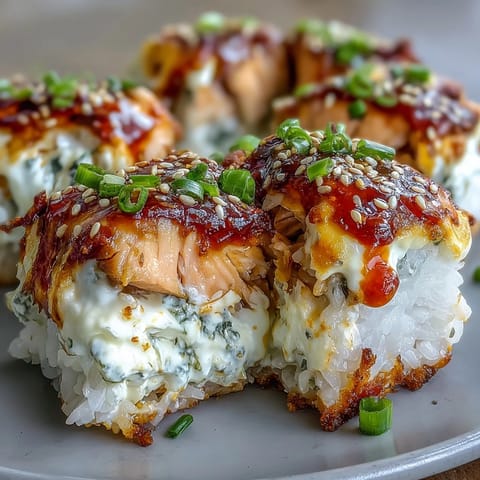 Golden, bubbling layers of spicy salmon and melted mozzarella top seasoned sushi rice in this Spicy Salmon Sushi Bake, ready to be scooped onto crispy seaweed sheets.