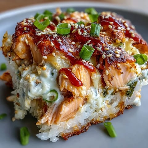 A close-up of creamy Spicy Salmon Sushi Bake garnished with fresh avocado slices and sesame seeds, served in a white ceramic baking dish.