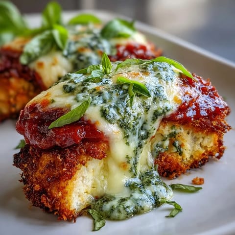 Sliced Pesto Chicken Parmesan reveals juicy chicken layered with marinara and pesto.
