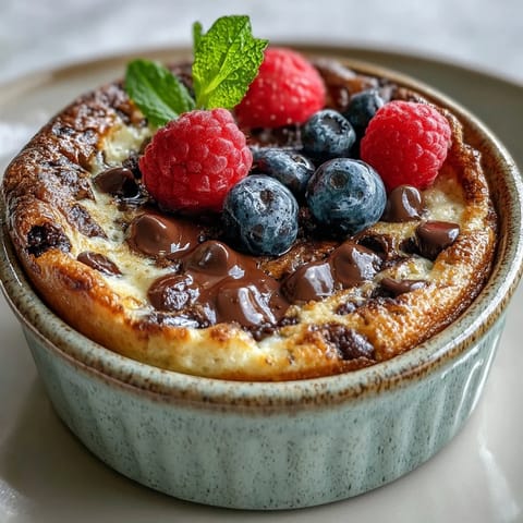 Warm Baked Protein Pancake Bowl with gooey chocolate chips and crushed almonds, served in a ceramic ramekin ready to eat.