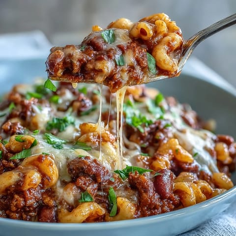 One-Pan High Protein Chili Mac topped with green onions and sour cream in a rustic bowl.