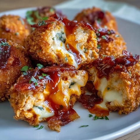 Fried Buffalo Chicken Bacon Mozzarella Bombs with gooey mozzarella center, drizzled in spicy buffalo sauce and topped with bacon.
