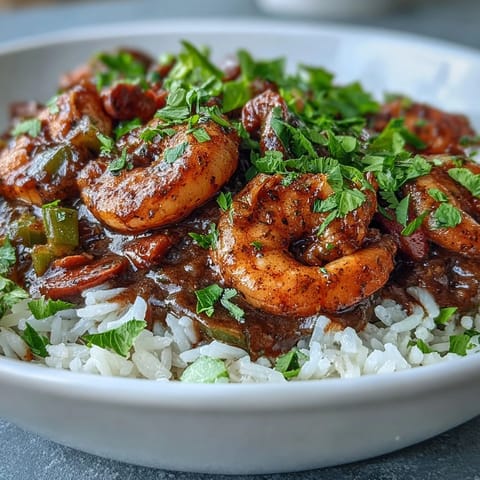 Shrimp simmered in a dark roux with Cajun spices for Classic New Orleans Étouffée, perfect over steamed white rice.