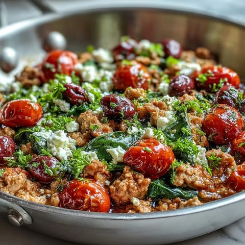 Sizzling Mediterranean Keto Ground Chicken Skillet with olives and feta. Fresh cherry tomatoes, spinach, and lemon make a bright, quick weeknight dinner.