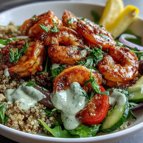 Vibrant Mediterranean Shrimp Bowl with grilled shrimp, quinoa, and crisp vegetables, finished with a creamy tahini drizzle and fresh parsley.