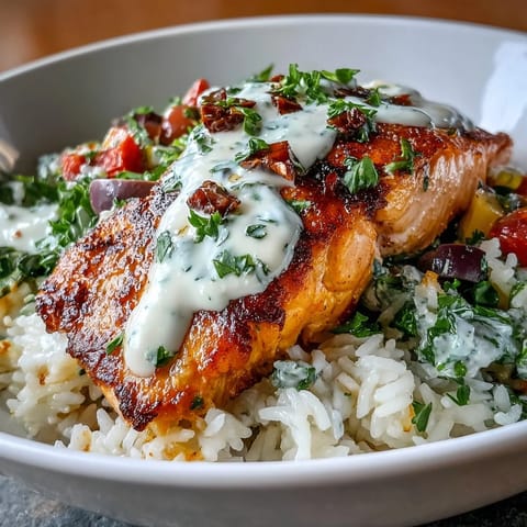 Golden crispy rice forms the base of this Crispy Rice Salmon Bowl, topped with pan-seared salmon and vibrant Mediterranean vegetables.