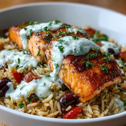 Freshly drizzled lemon-yogurt sauce and a bright lemon wedge garnish this colorful Crispy Rice Salmon Bowl, ready to serve.