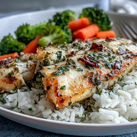 Herb-baked tilapia fillets on fluffy rice with steamed broccoli and carrots for a wholesome bowl.