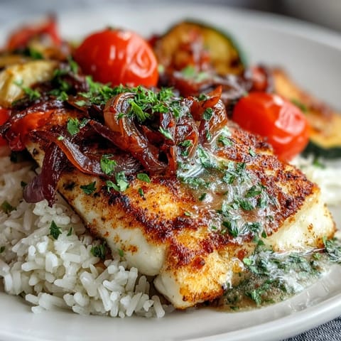 A close-up of flaky, paprika-seasoned Pan-Seared Fish Bowl topped with zesty lemon sauce and fresh parsley garnish.