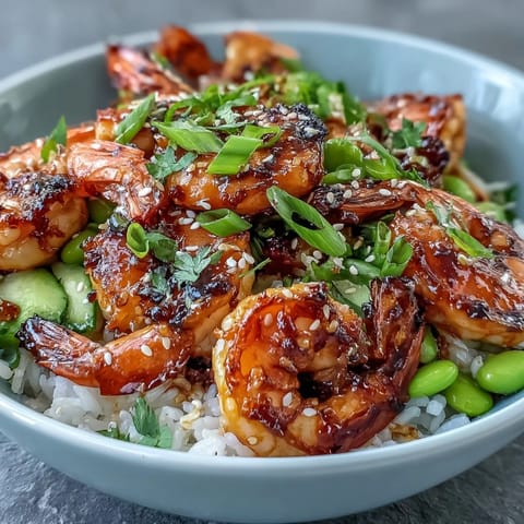 Grilled Asian Shrimp Bowl with jasmine rice, crisp vegetables, and a drizzle of tangy ginger-sesame dressing