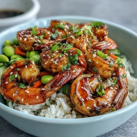 A vibrant Asian Shrimp Bowl featuring juicy grilled shrimp, edamame, and colorful veggies, finished with sesame seeds
