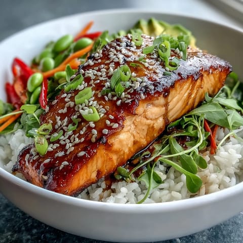 Bright glazed soy ginger salmon sits atop fluffy steamed rice and vibrant stir-fried vegetables in a nourishing bowl.