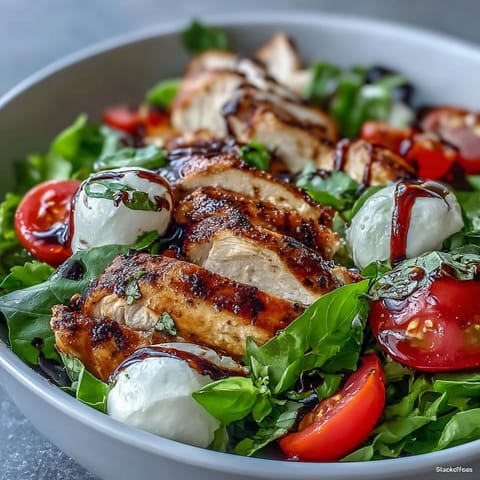 Grilled chicken slices, mozzarella pearls, and tomatoes in a Caprese Chicken Bowl, drizzled with balsamic glaze on a bed of greens.