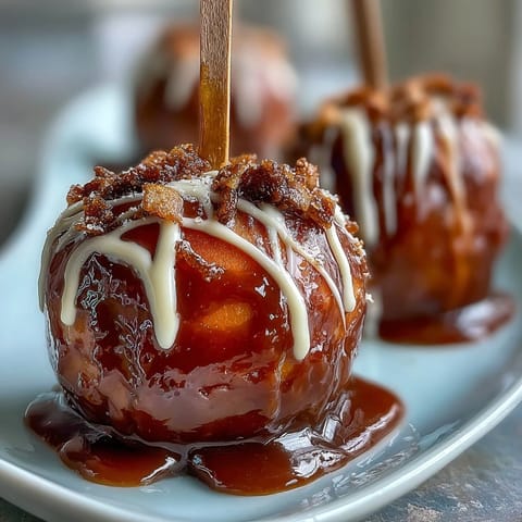 Glossy red candy apples with creamy white chocolate drizzle, perfect for autumn parties and festive gatherings.  