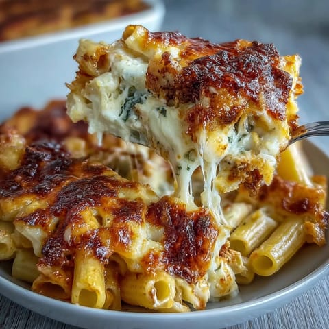 Creamy One-Pot Cheesy Pasta Bake with melted mozzarella and cheddar bubbling over tender pasta in a rich tomato sauce.